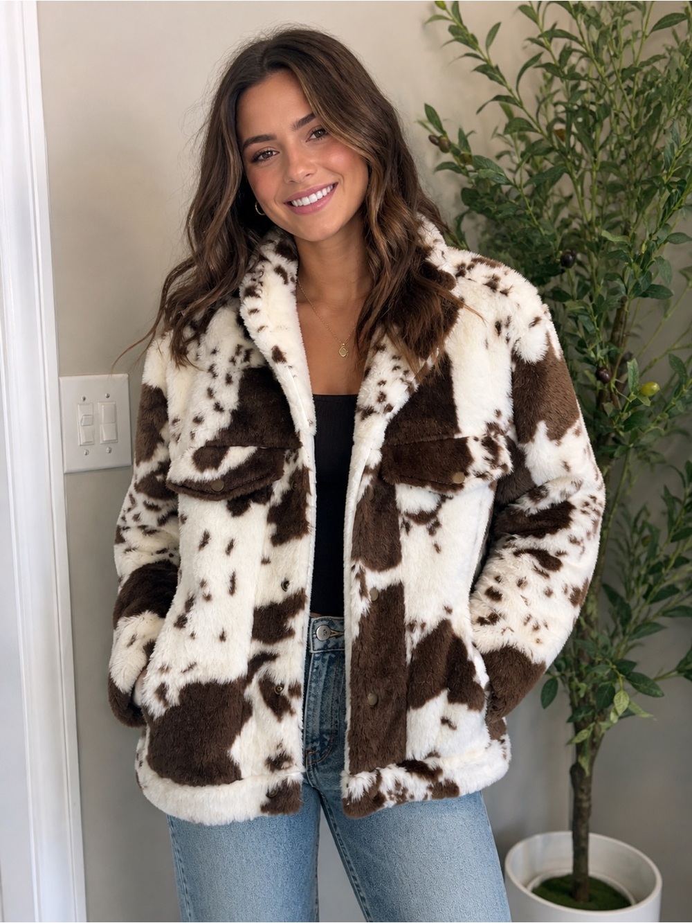 Fashion Nova Brown & White Cowprint Faux Fur Jacket